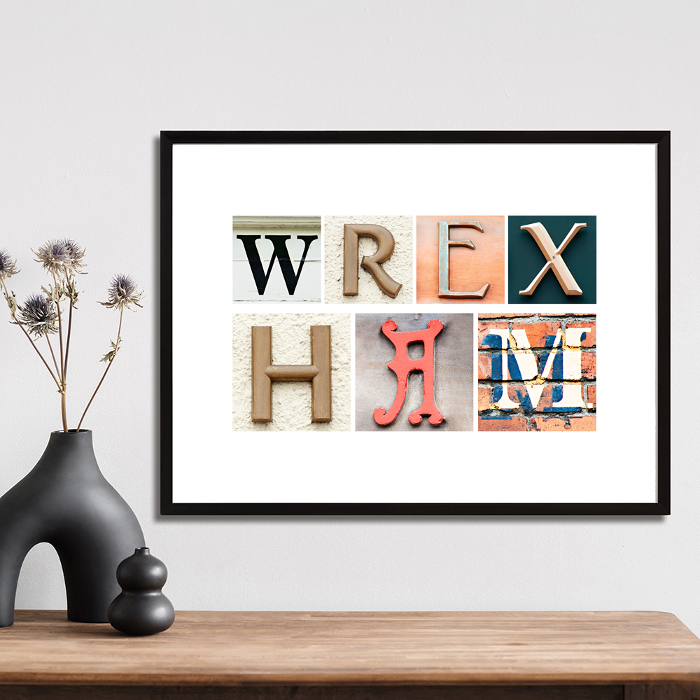 WREXHAM art print created using letters photographed on buildings in Wrexham
