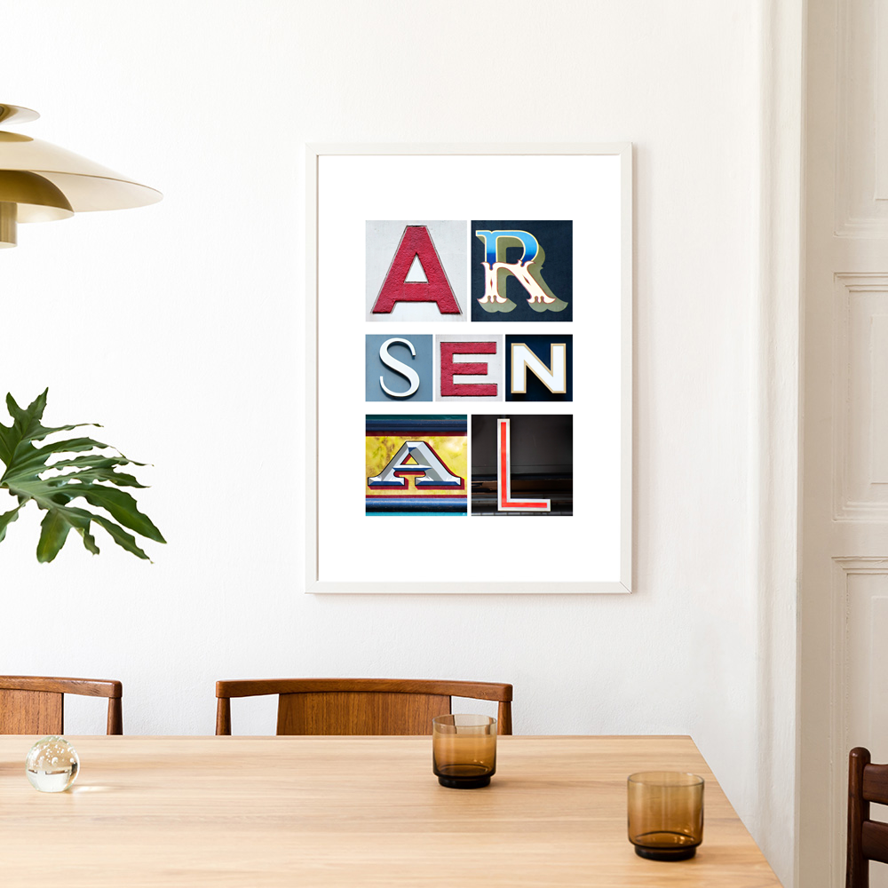 Football art print featuring photographed typography from football grounds and surrounding fan pubs.