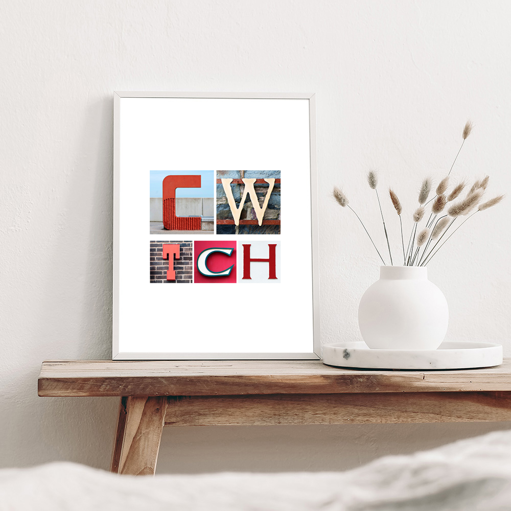 Cwtch art print made up using letters photographed on buildings in wales