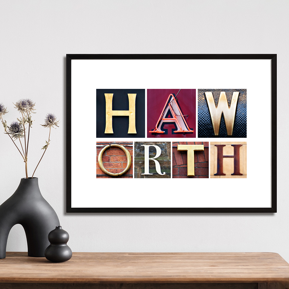 Haworth art print created using letters photographed on buildings across Yorkshire.