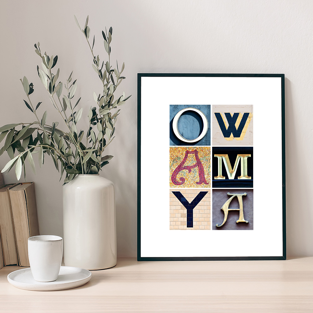OW AM YA art print made up using letters photographed on buildings across Birmingham.