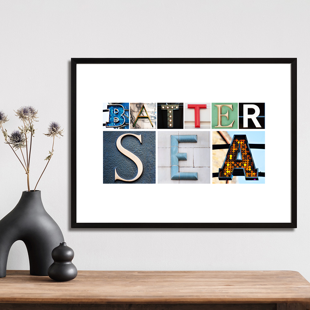 Battersea art print created using letters photographed on buildings in London.