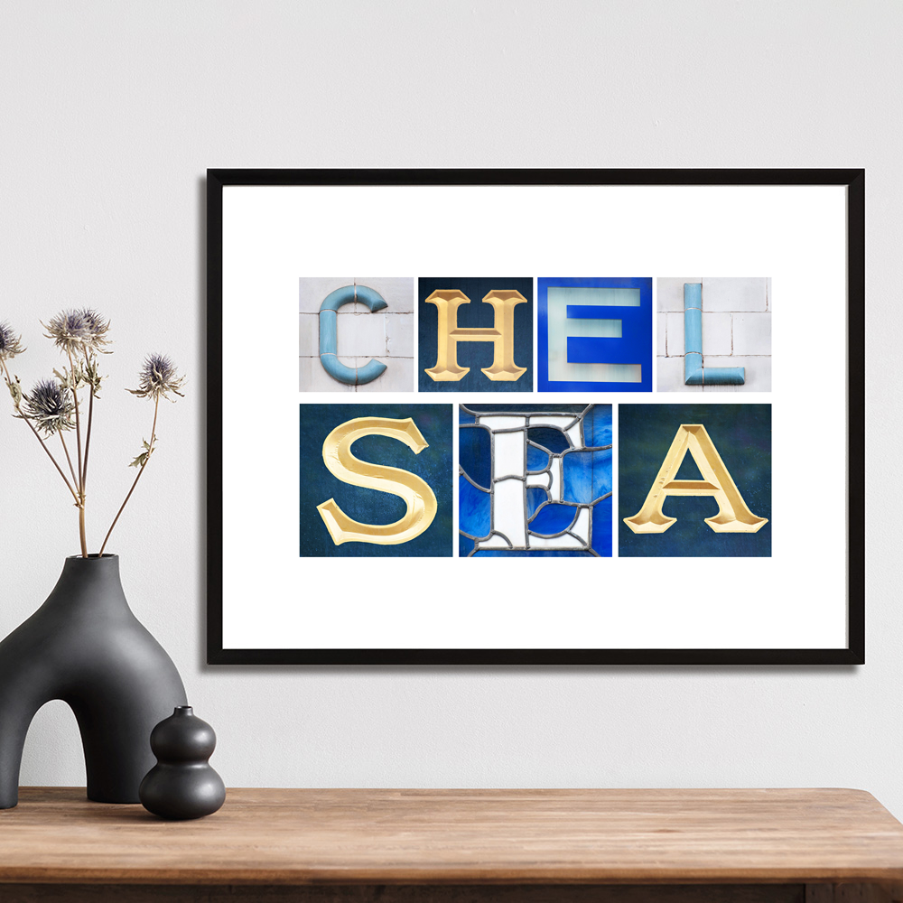 Chelsea art print created using letters photographed on buildings in the chelsea area.