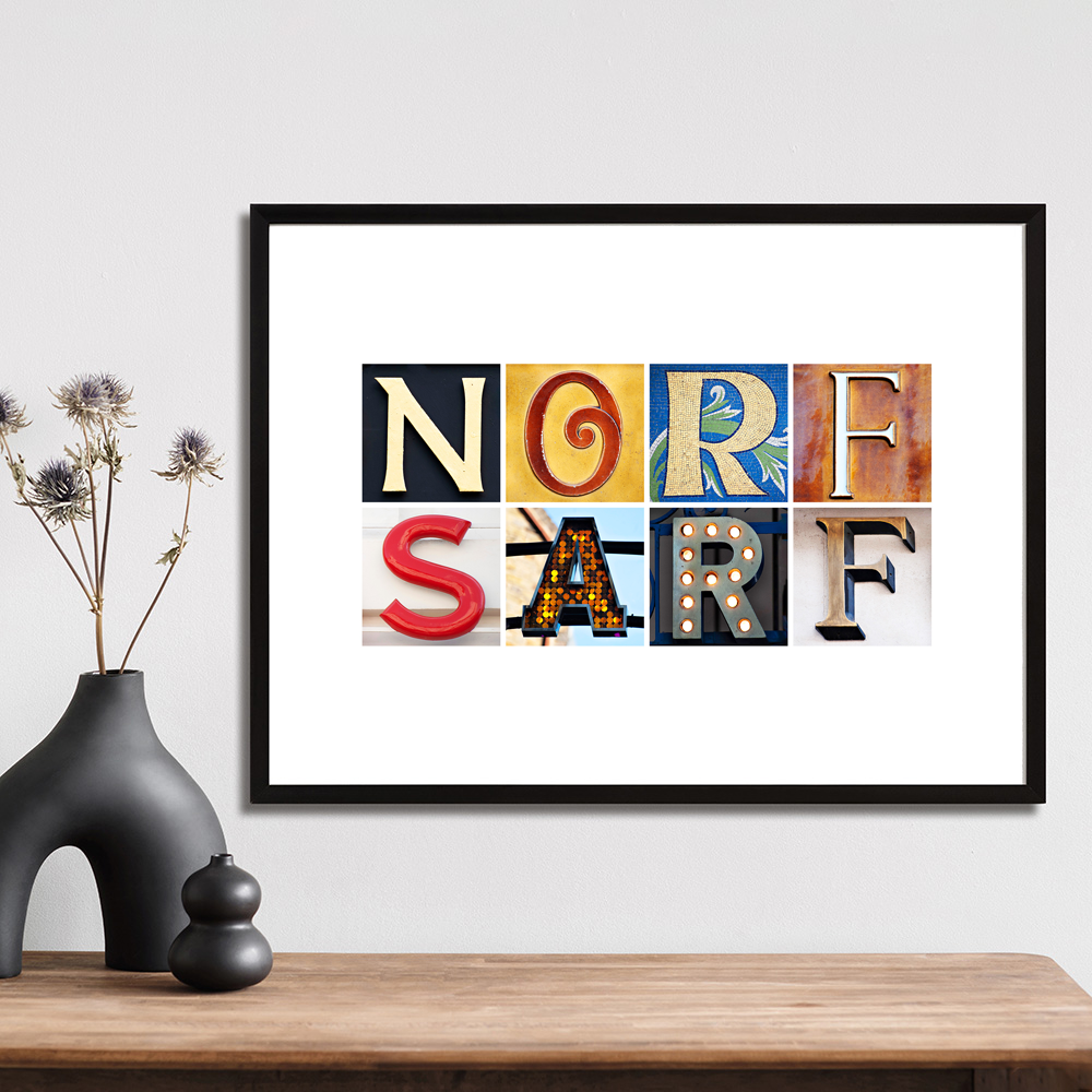 NORF SARF art print created using letters photographed on buildings in London
