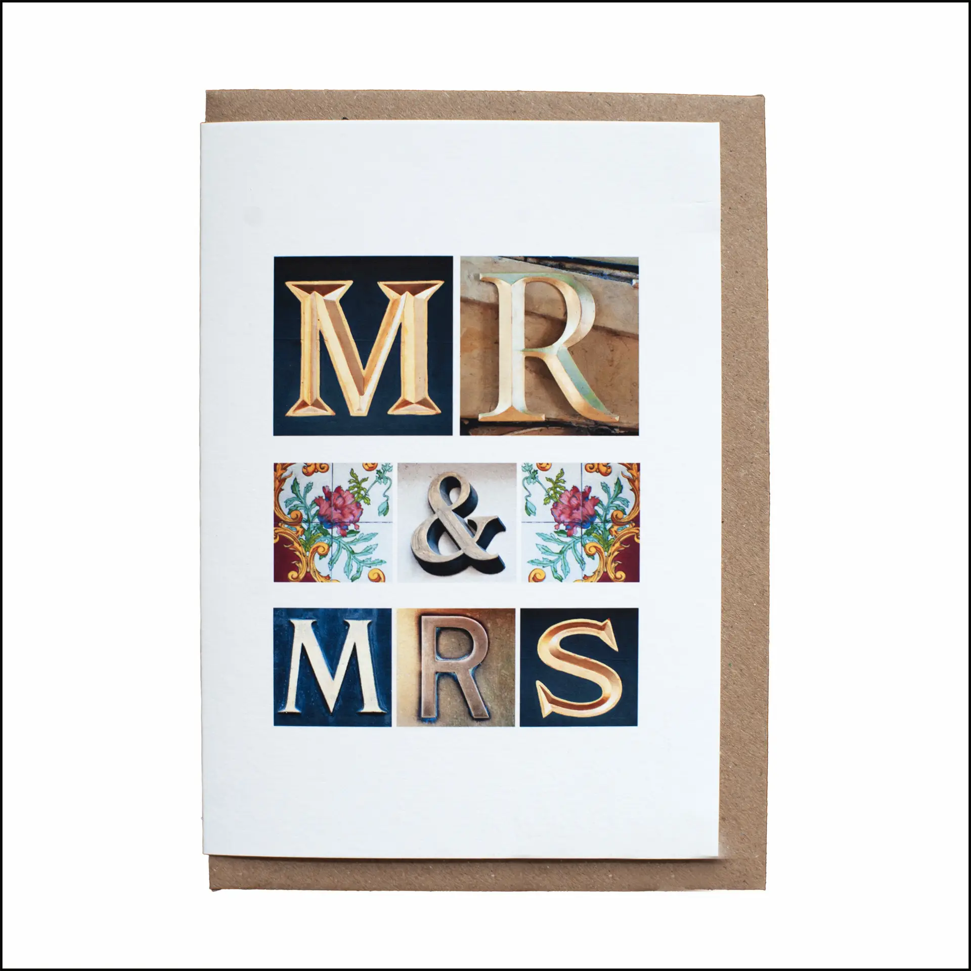 Mr & Mrs greeting card created using letters photographed on buildings in the UK