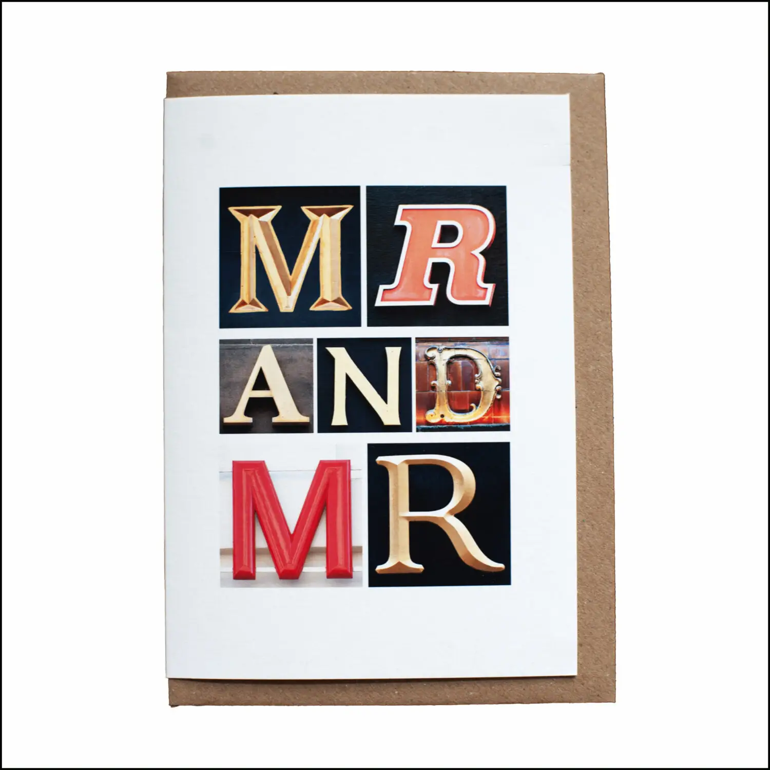 Mr and Mr greeting card created using letters photographed on buildings in the UK