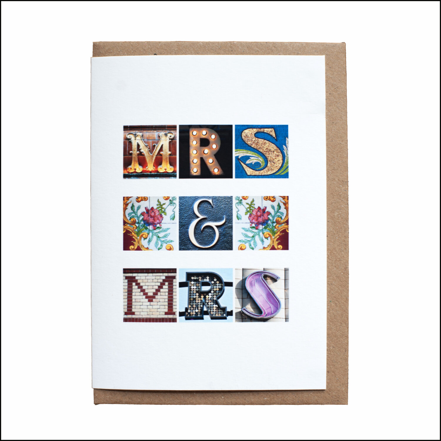 Mrs & Mrs greeting card created using letters photographed on buildings in the UK