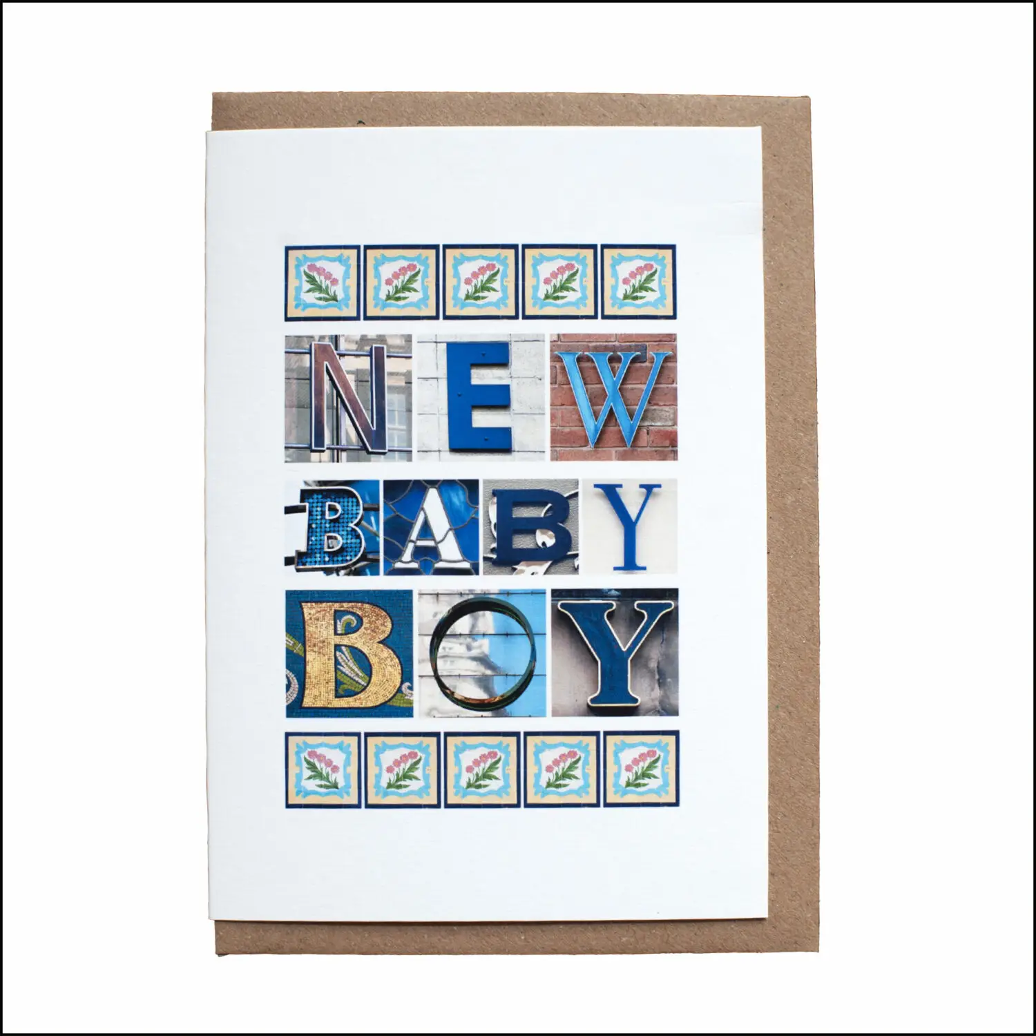 New baby boy greeting card created using letters photographed on buildings in the UK