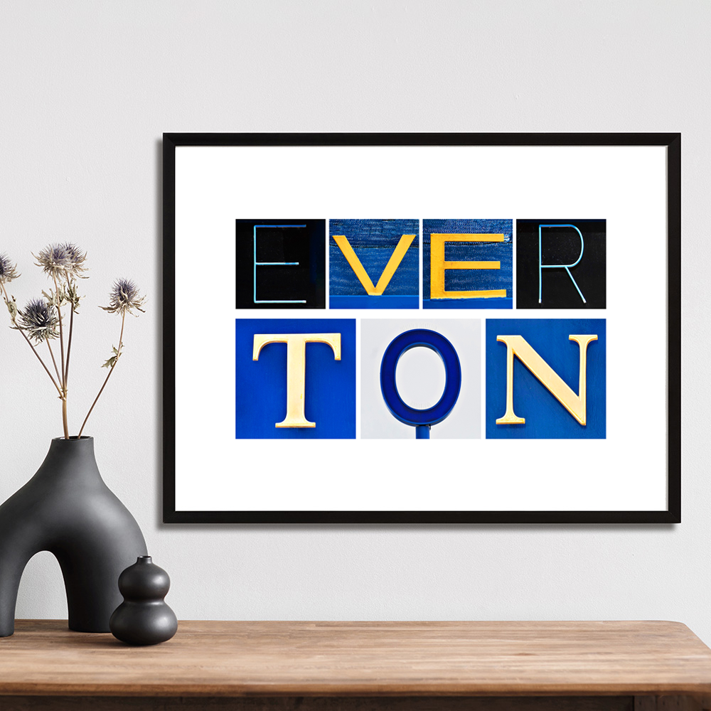 Everton art print created using letters photographed on buildings around goodison park.