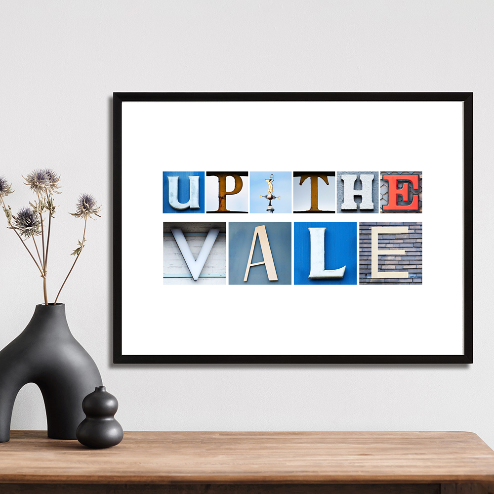 Up The Vale art print created using letters photographed at and around Vale Park, Burslem.